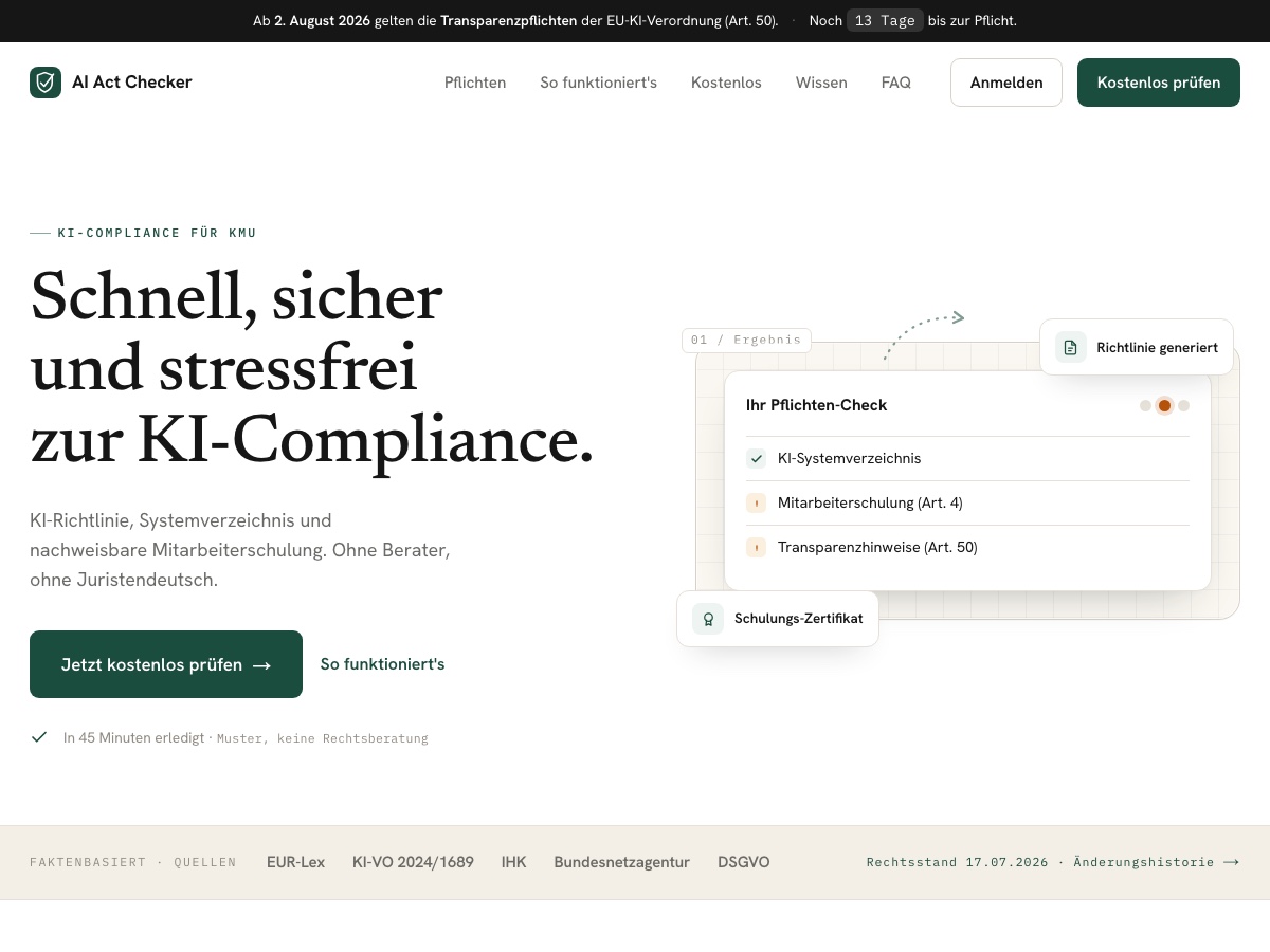 Startseite des AI Act Checker mit dem Einstieg in den Selbsttest