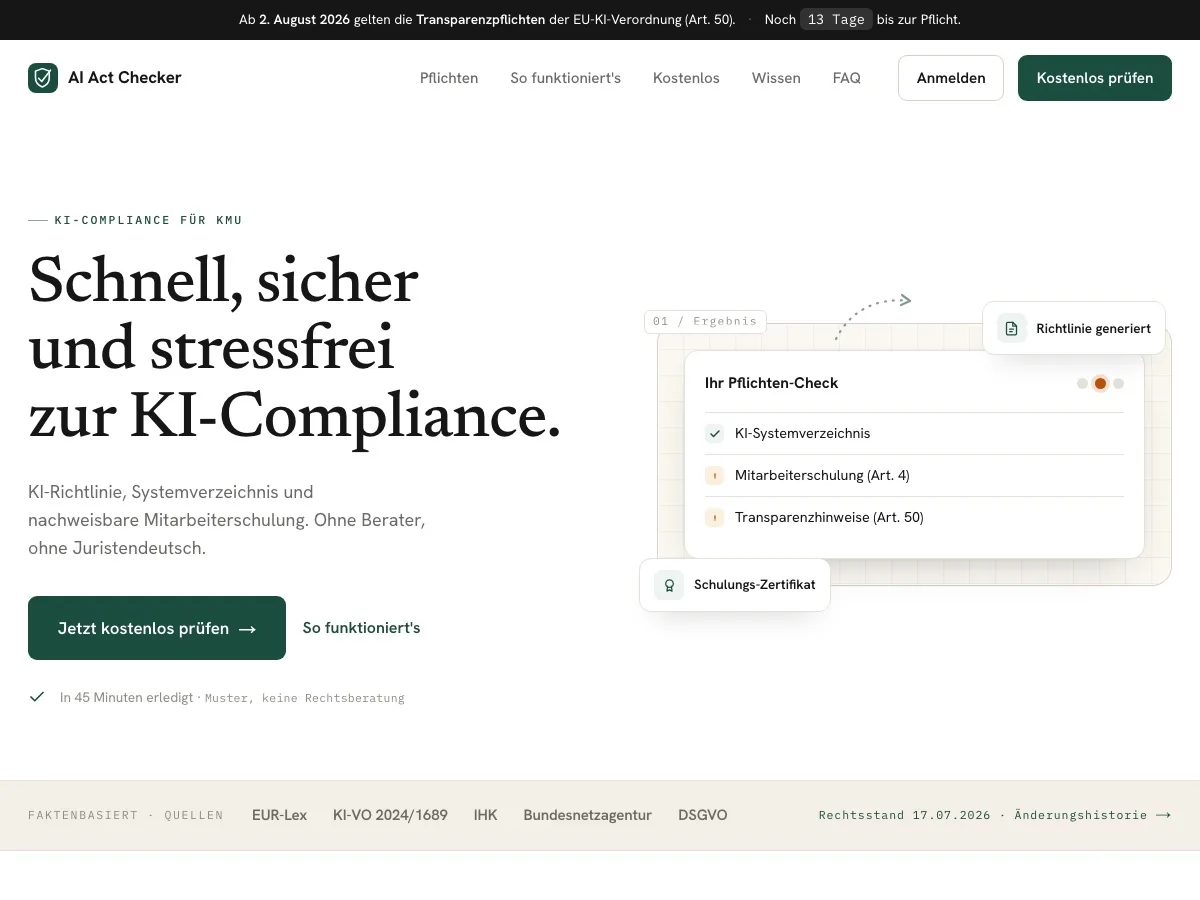 Startseite des AI Act Checker mit dem Einstieg in den Selbsttest