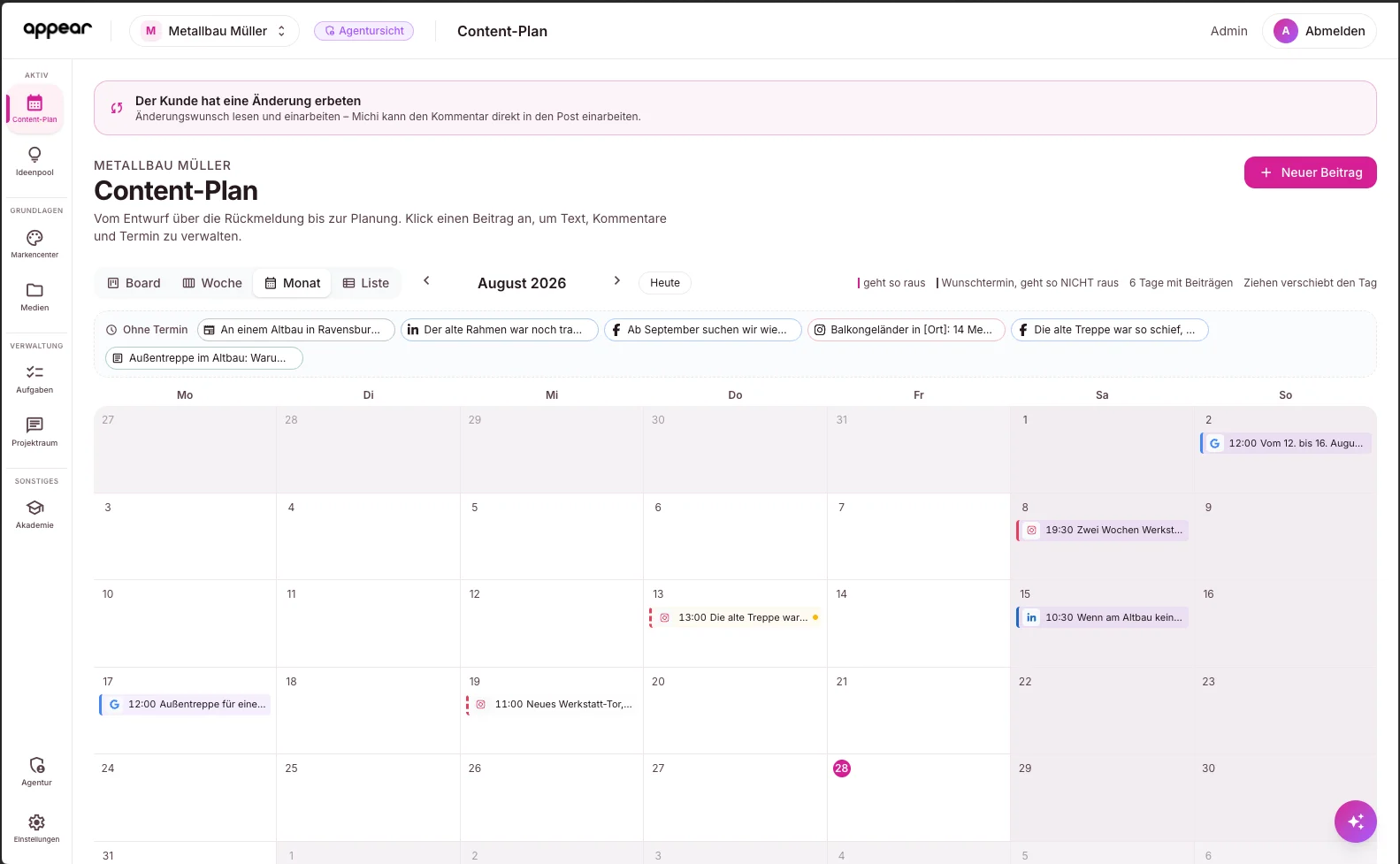Der Content-Plan der appear Suite als Monatskalender, Beiträge je Kanal mit Termin