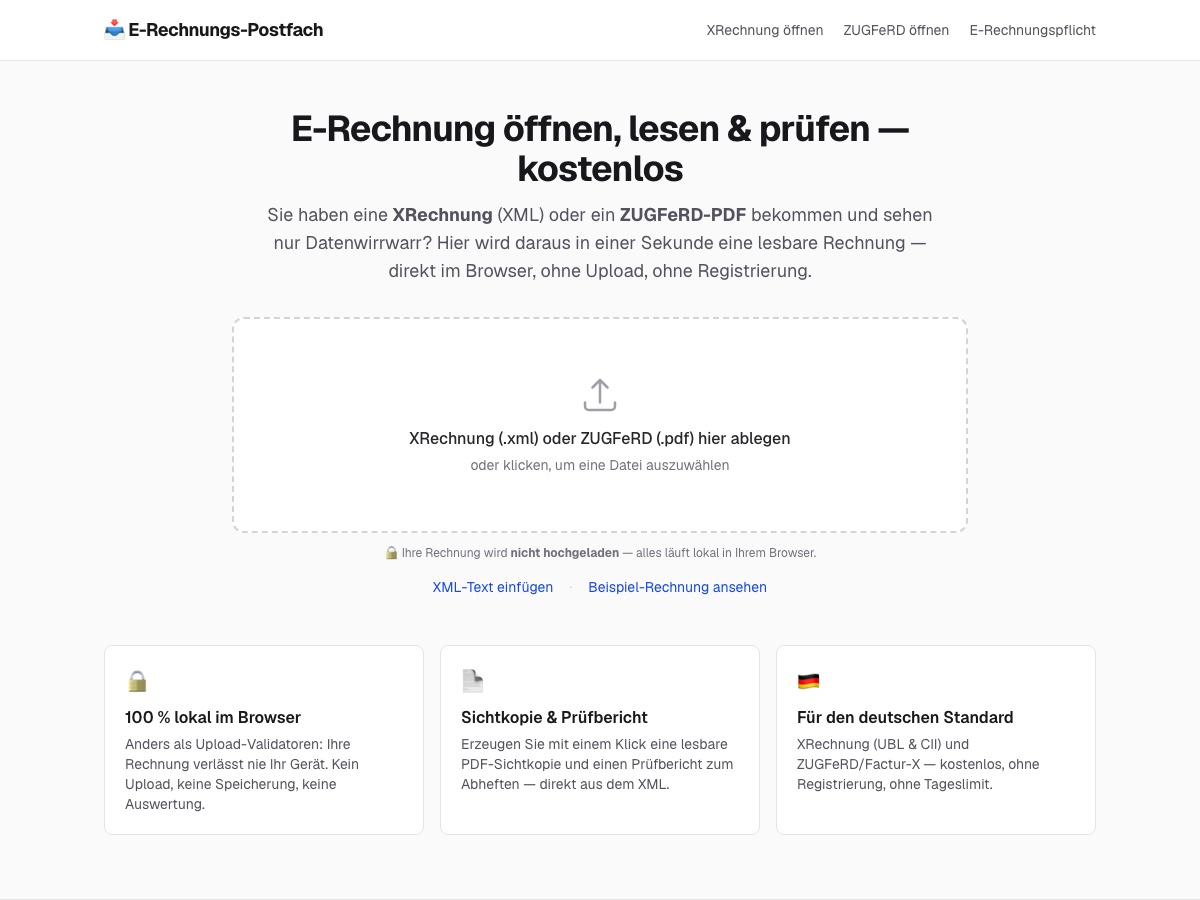 Das E-Rechnungs-Postfach mit einer geöffneten und geprüften Rechnung
