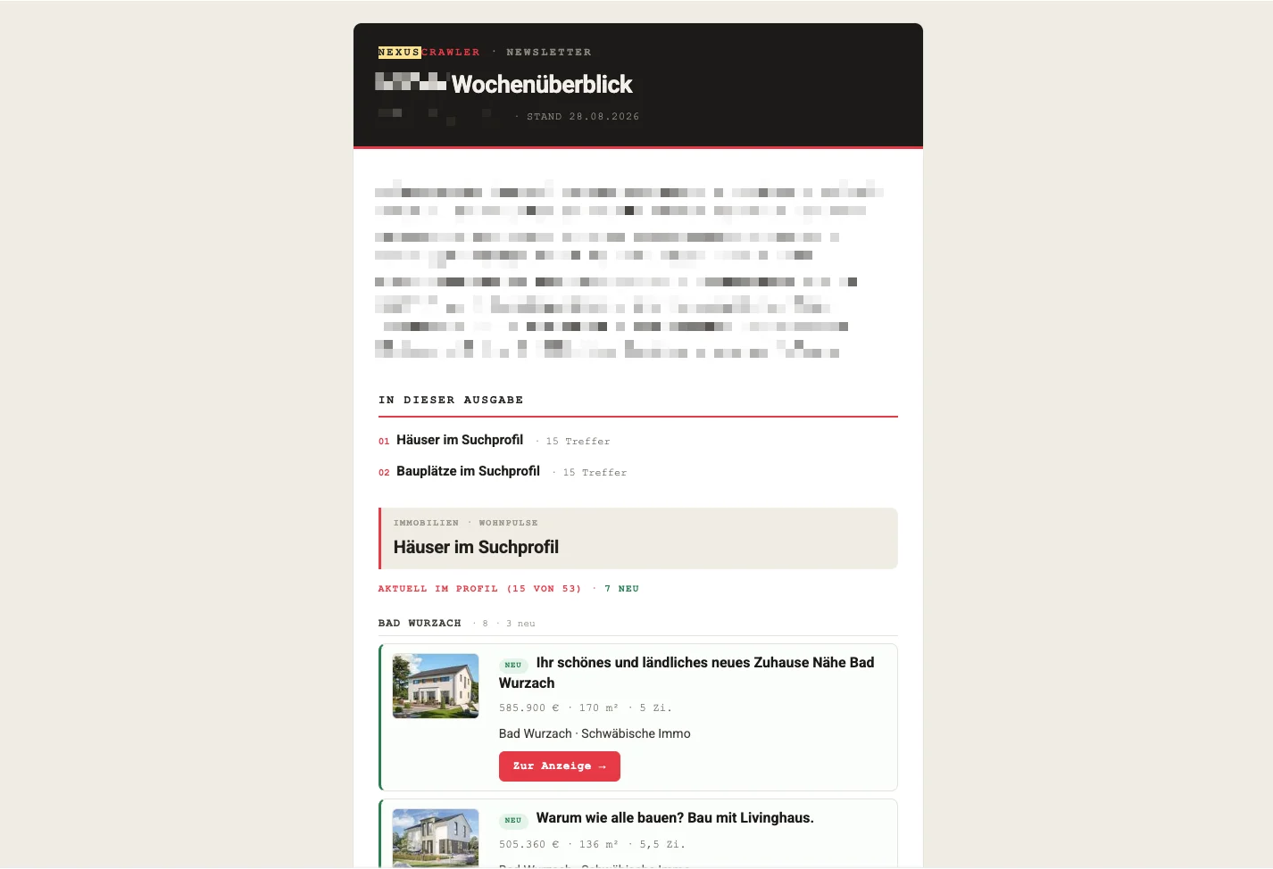 Ein wöchentliches Briefing als E-Mail: Inhaltsverzeichnis mit Trefferzahlen, darunter gefundene Häuser und Bauplätze mit Preis und Ort. Die Angaben zum Kunden sind unkenntlich gemacht.