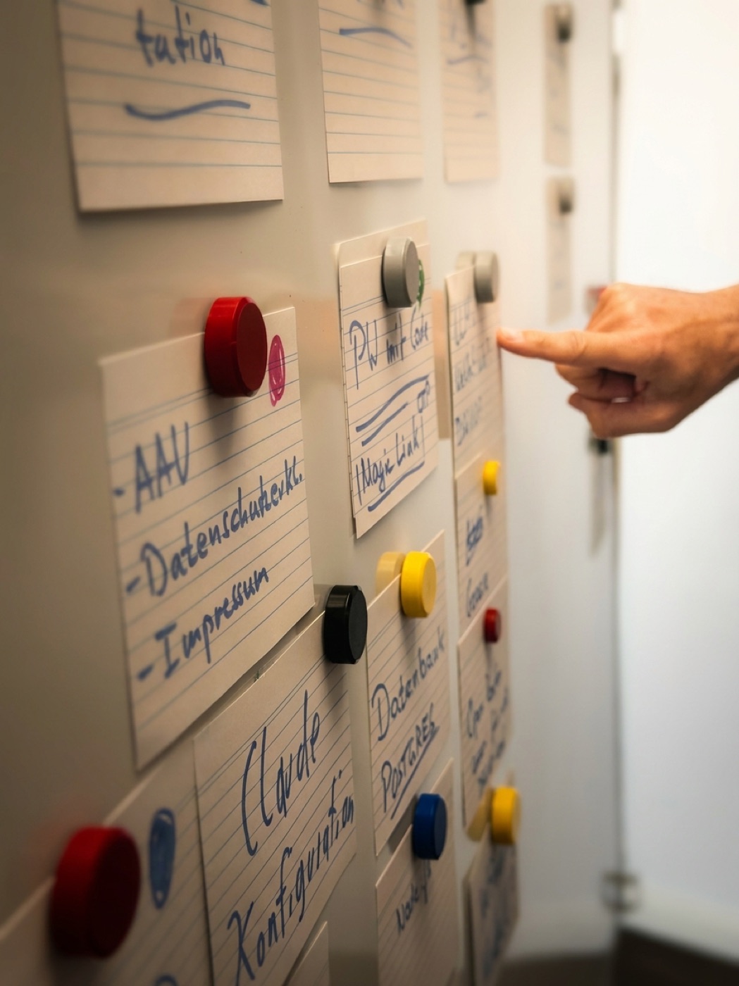 Planungswand mit handgeschriebenen Karten zu einem laufenden Projekt